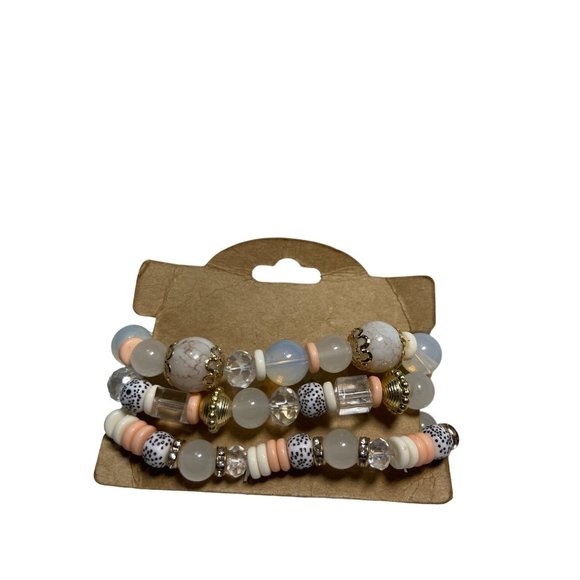 Multilayer Crystal Stone Bead Bracelets Tassels and Charms Peach White and Gold - Picture 3 of 5